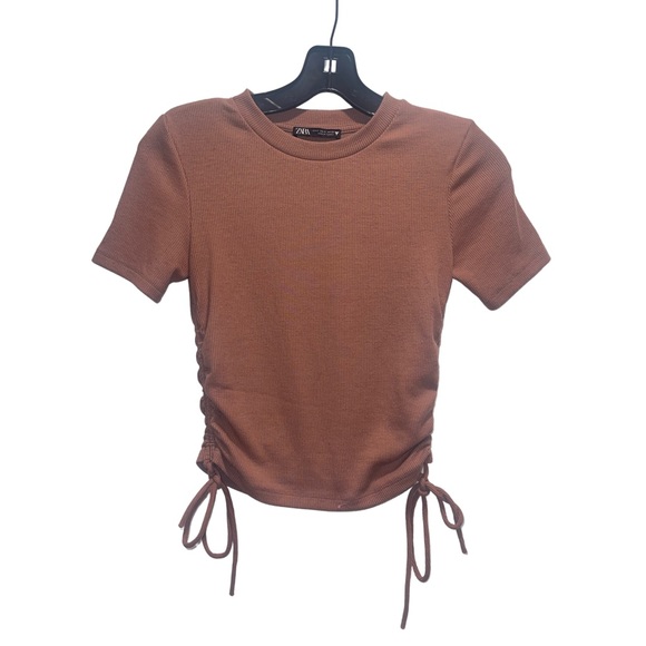 Zara Tops Zara Brown Short Sleeve Ribbed Adjustable Ties Top Poshmark
